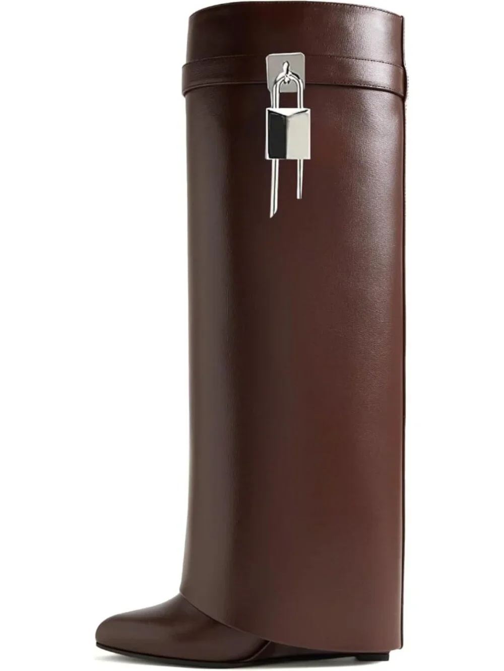 Women's Chocolate Wide Calf Wedge Heel Knee High With Decorative Lock Boots